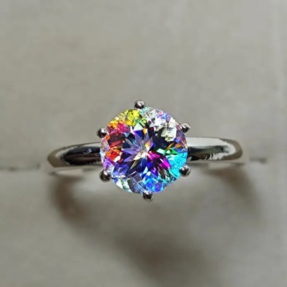 Mystic Topaz Engagement Style Ring Rainbow Fire SOLITARE 14k White Gold Plated